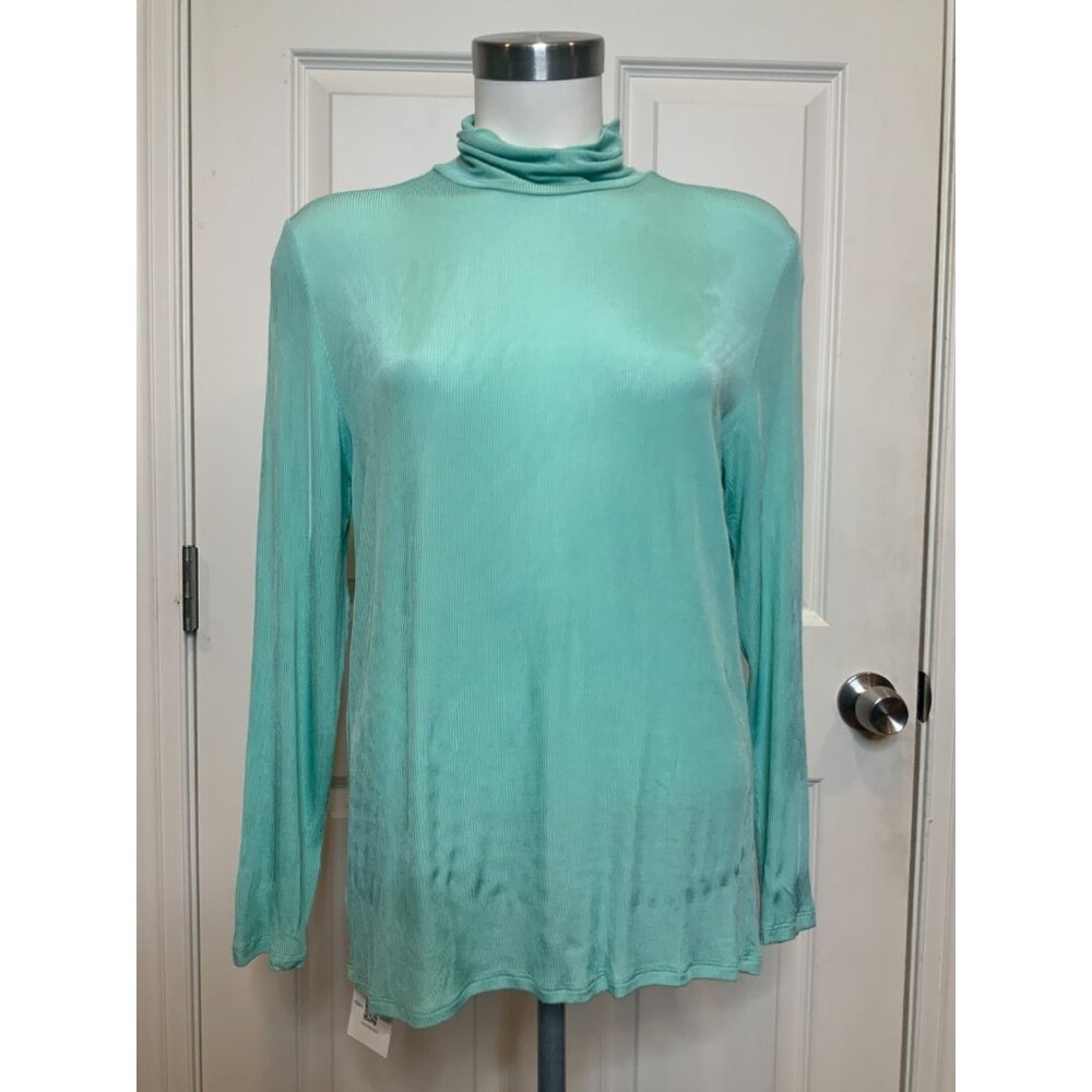 St. John Seafoam Blue Thin Ribbed Long Sleeve Mock Neck Top, Size Large